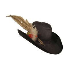 1970s Adolfo II Navy Straw Western Hat with Pheasant Trimming