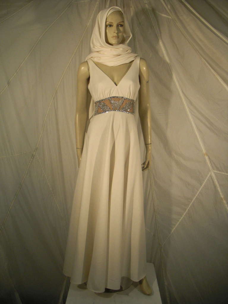 1970s Lillie Rubin Jersey Disco Dress w/ Nude Jeweled Midriff