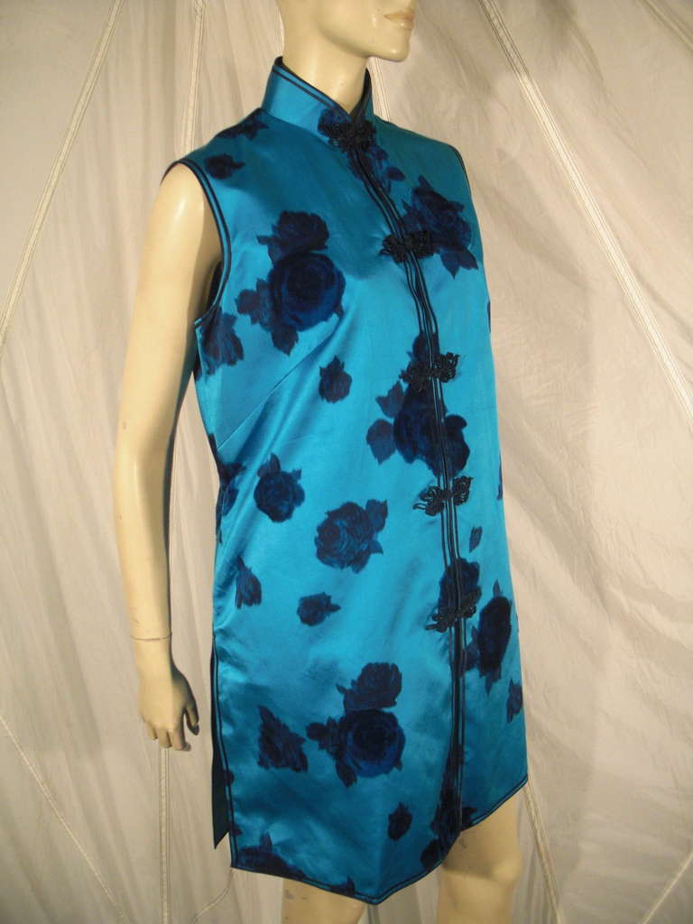 Women's 1950s Turquoise Floral Silk Satin Vest w/ Chinese Styling