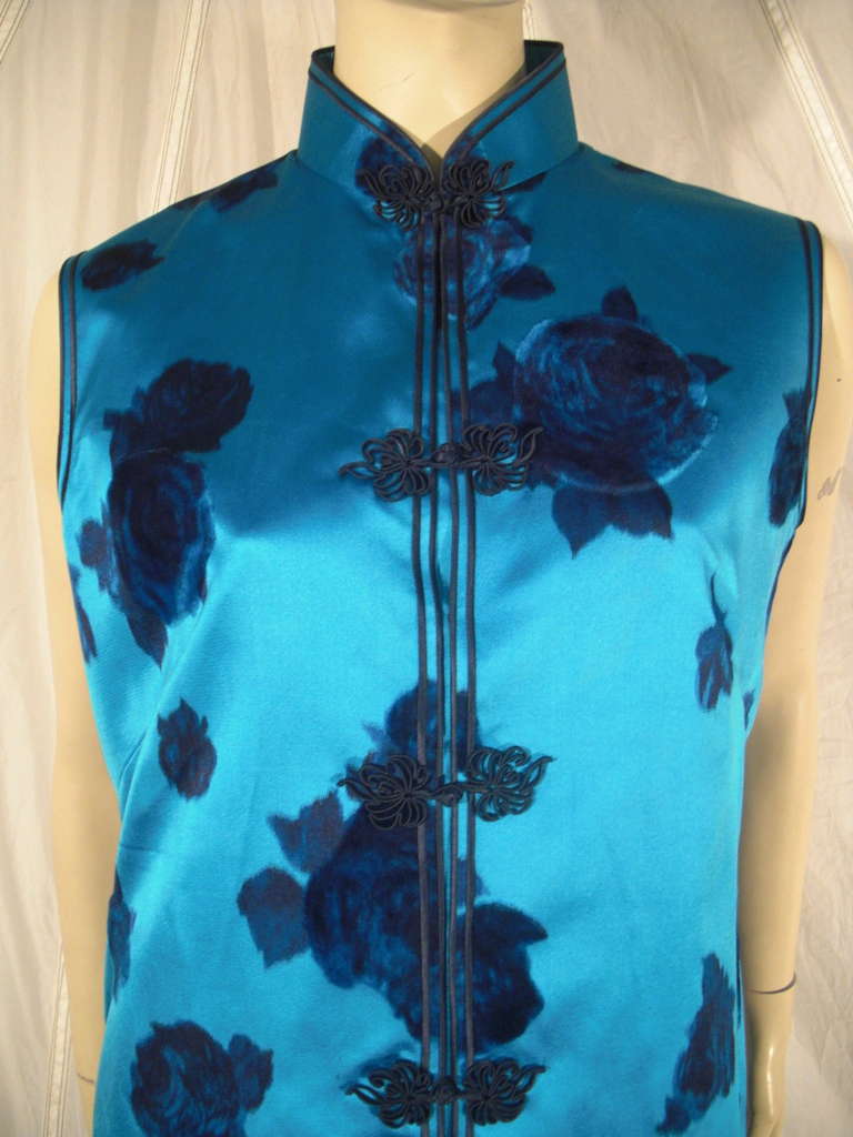 1950s Turquoise Floral Silk Satin Vest w/ Chinese Styling 1