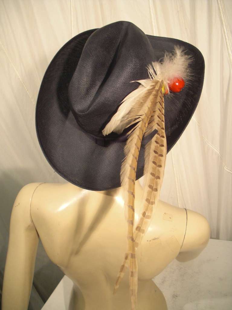 1970s Adolfo II Navy Straw Western Hat with Pheasant Trimming In Excellent Condition In Gresham, OR