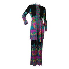 1960s Leonard 2-Piece Silk Jersey Pant Suit w/ Psychedelic Chinese Print