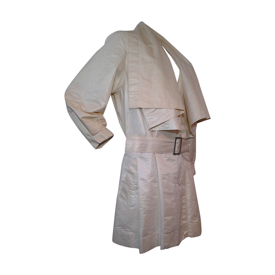 1980s Issey Miyake Waxed Cotton Trench Coat w/ Shawl Collar For Sale at