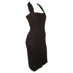 1980s Scherrer Ruched Black Cotton Jersey Halter Dress