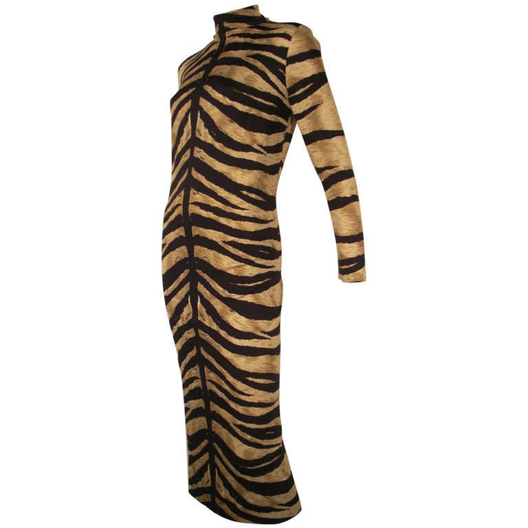 1970s La Mendola Silk Jersey Tiger Print Dress