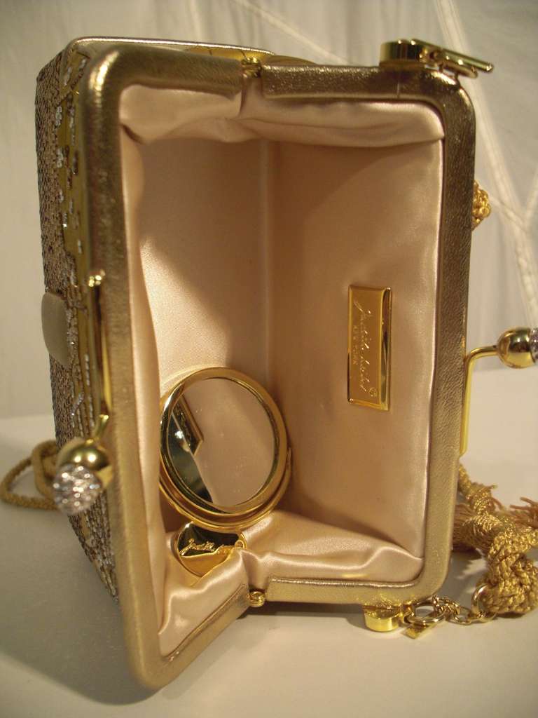 Women's 80s Judith Leiber Gold Box Bag with Oriental Fan Motif