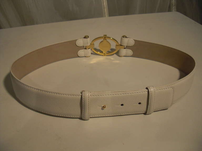 Brown 80s Lalique Glass Belt in White Leather