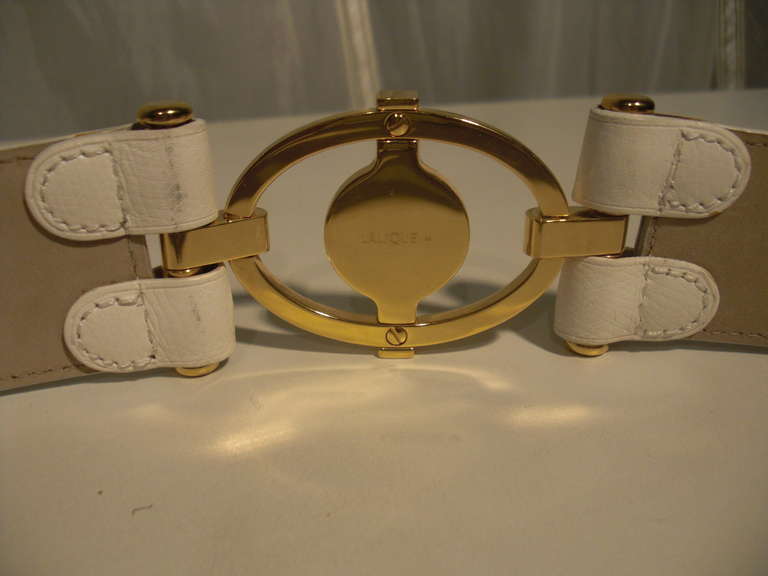 80s Lalique Glass Belt in White Leather In Excellent Condition In Gresham, OR