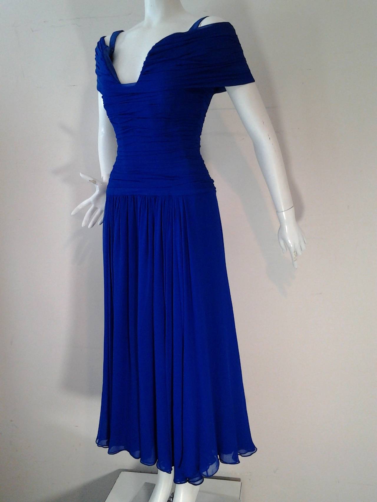 1980s Arnold Scaasi Cobalt Blue Silk Chiffon Gown w/ Gorgeous Décolletage In Excellent Condition In Gresham, OR