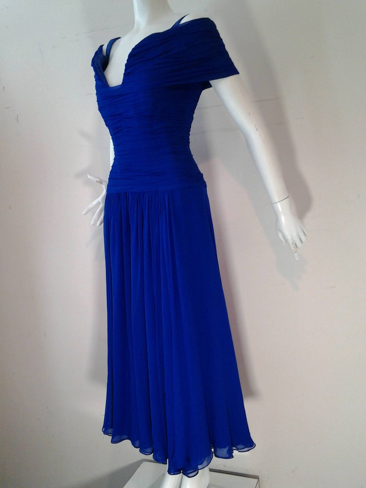 Purple 1980s Arnold Scaasi Cobalt Blue Silk Chiffon Gown w/ Gorgeous Décolletage