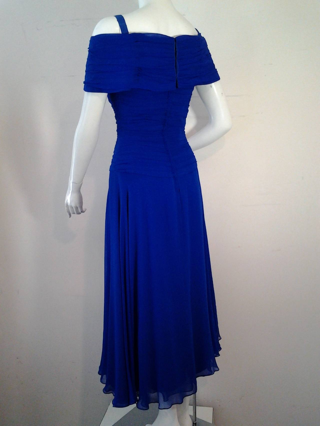 Women's 1980s Arnold Scaasi Cobalt Blue Silk Chiffon Gown w/ Gorgeous Décolletage