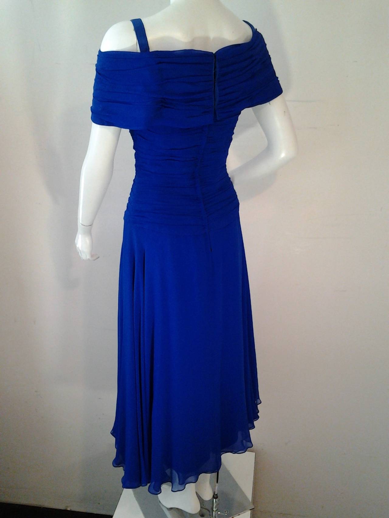 1980s Arnold Scaasi Cobalt Blue Silk Chiffon Gown w/ Gorgeous Décolletage 1