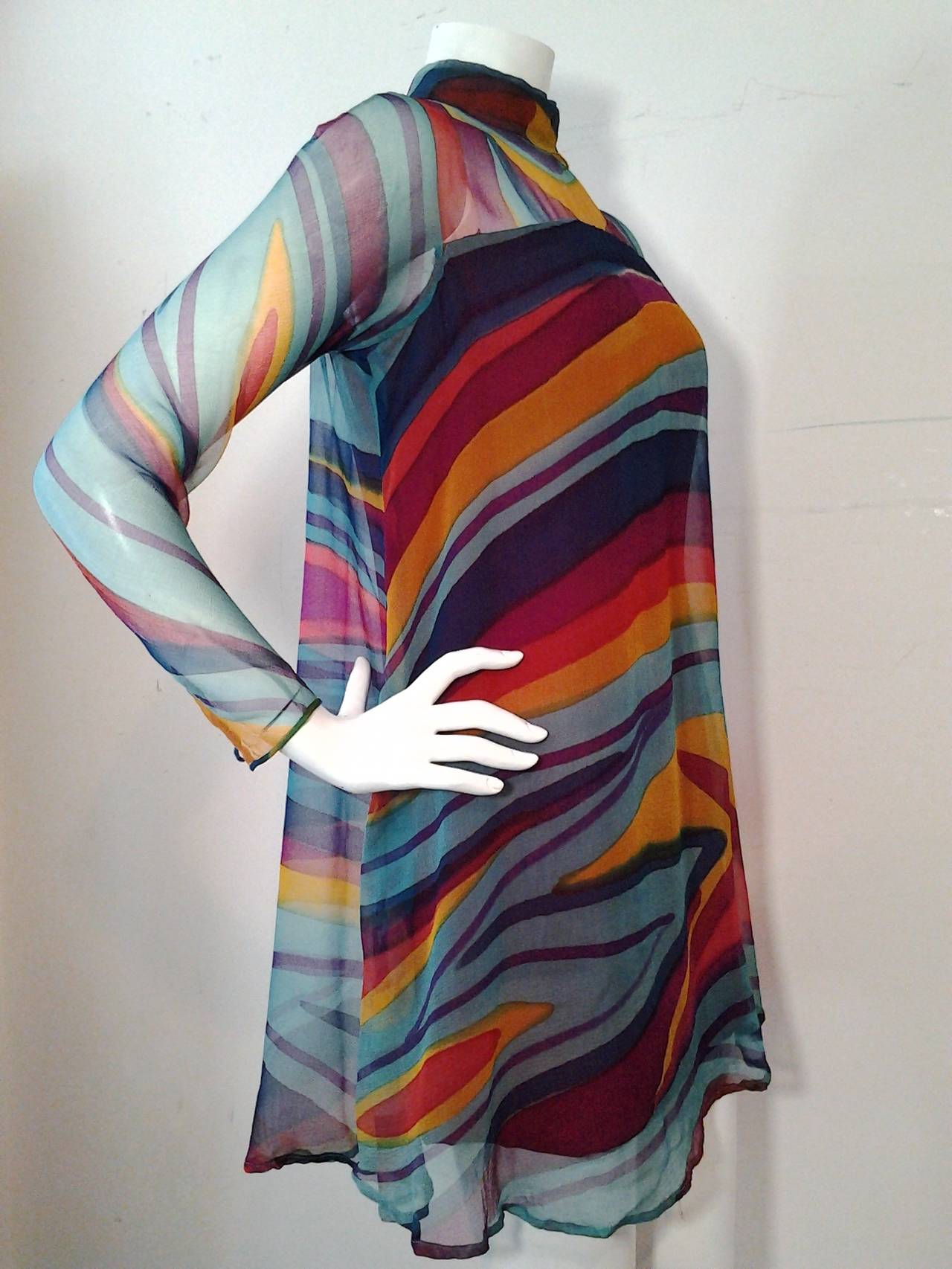 1960s Teal Traina Mod Psychedelic Silk Chiffon Mini Dress In Excellent Condition In Gresham, OR
