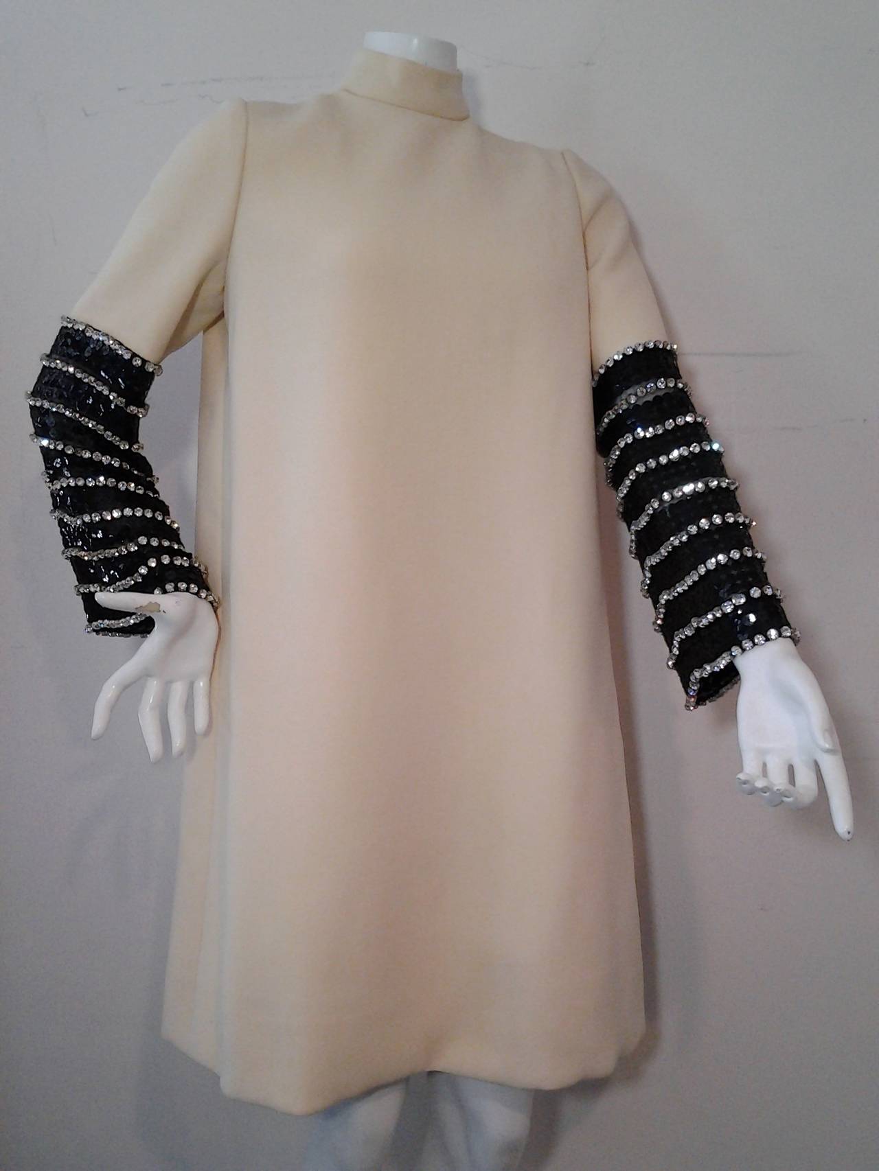 Brown 1960s Norman Norell Ivory Crepe Mini w/ Richly Embellished Sleeve