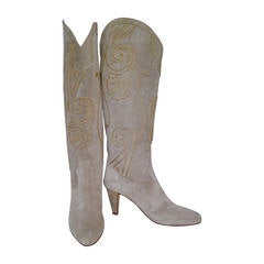 1980s Andrea Pfister Taupe Suede Western Boots w/ Gold Soutache Braid 1