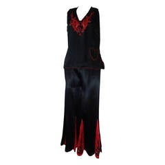 1930s Red and Black Silk "Shanghai" Style Pajama Set w/ Dragon Embroidery
