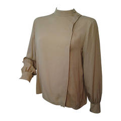 1980s Chanel Boutique Taupe Silk Blouse with "CC" Logo Jacquard