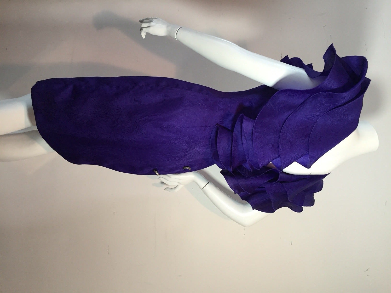 1980s Ungaro Royal Purple Silk Jacquard Cocktail Dress w/ Lush Ruffles 1