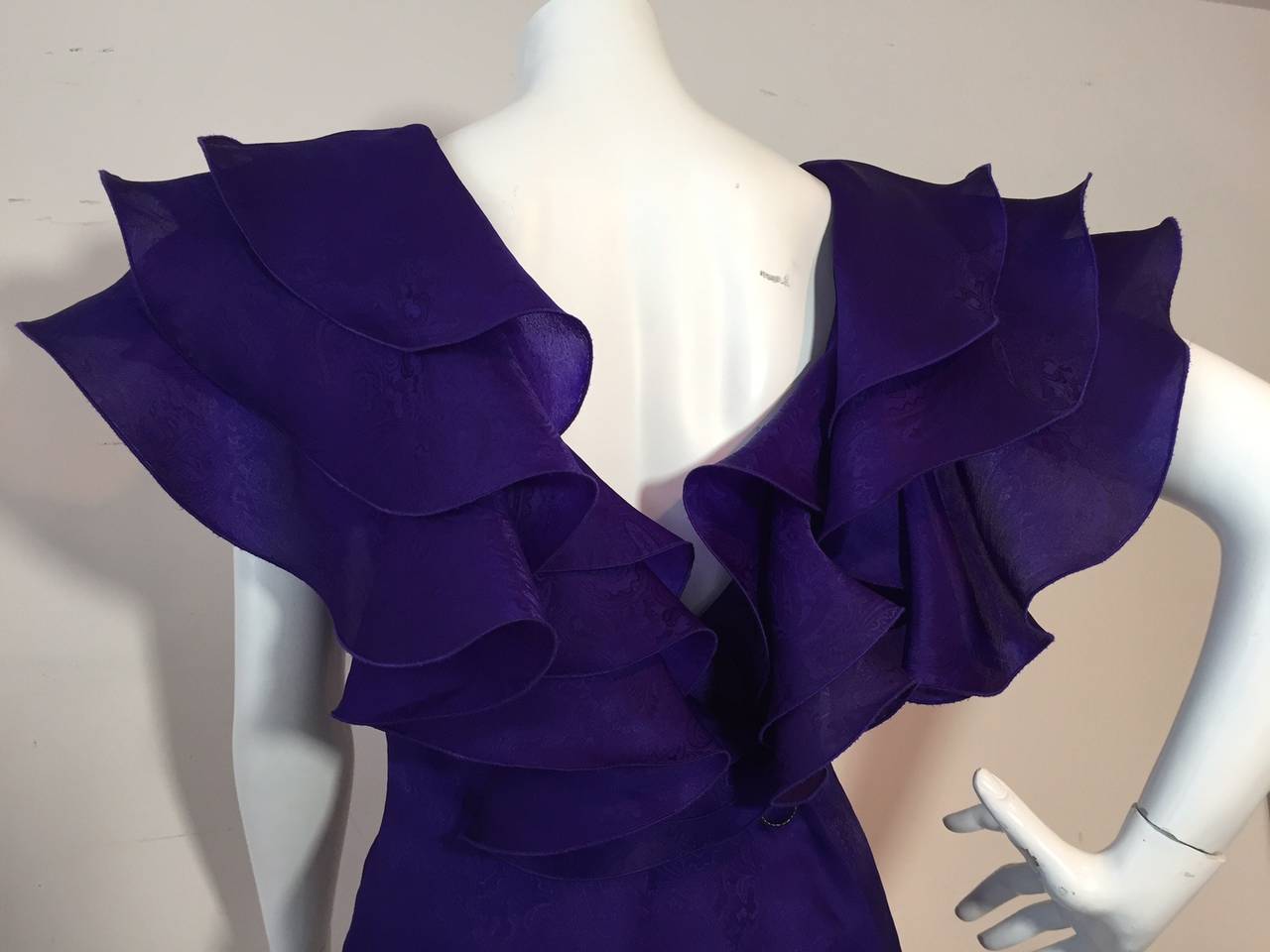 1980s Ungaro Royal Purple Silk Jacquard Cocktail Dress w/ Lush Ruffles In Excellent Condition In Gresham, OR