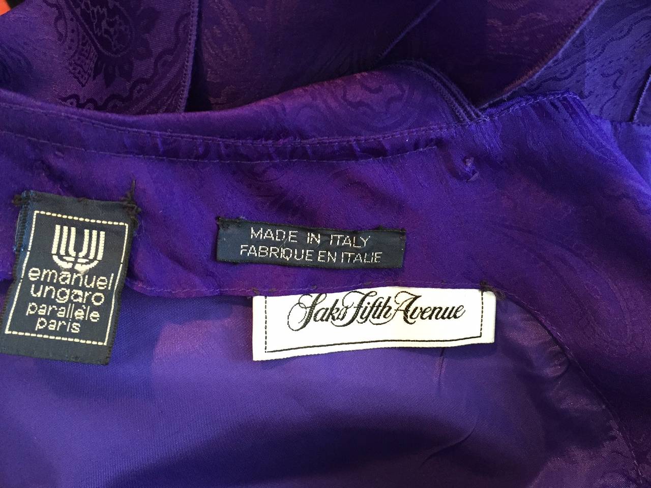 Women's 1980s Ungaro Royal Purple Silk Jacquard Cocktail Dress w/ Lush Ruffles