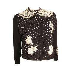 Vintage 50s Sequin and Lace Applique Black Cashmere Blend Sweater
