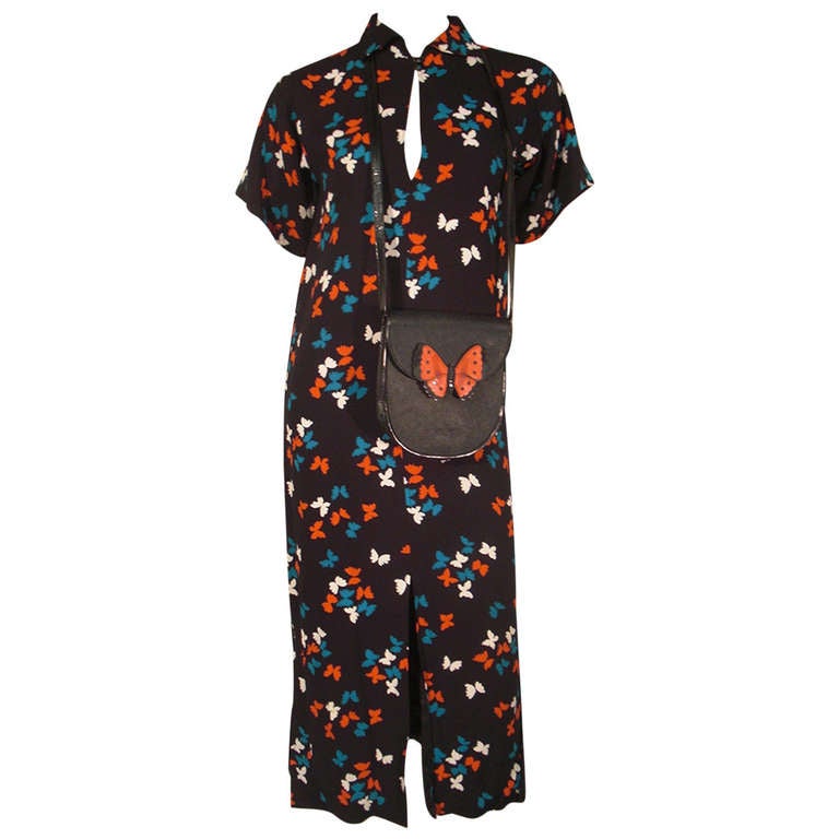 Saint Laurent Oriental Style Butterfly Print Dress and Matching Bag