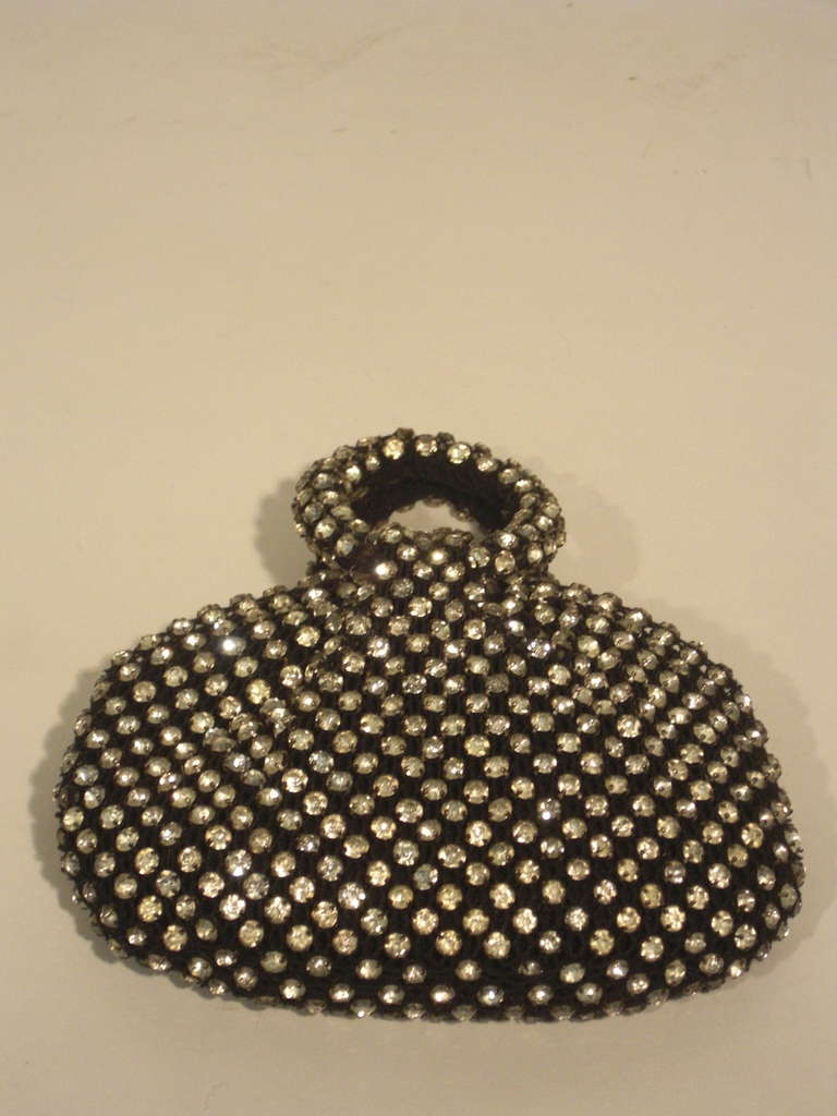 Petite Jeweled Black Pouch with Rhinestones and stainless steel zipper, Prong set Rhinestones in excellent condition
