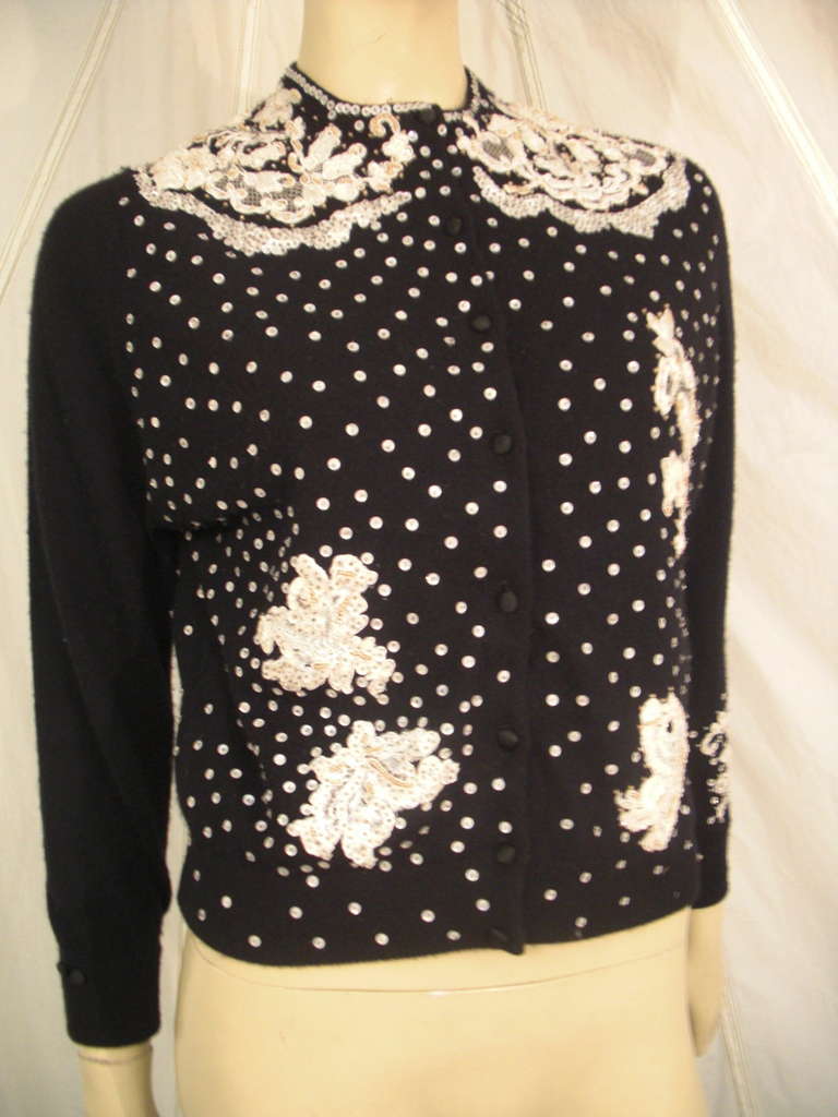 50s Sequin and Lace Applique Black Cashmere Blend Sweater