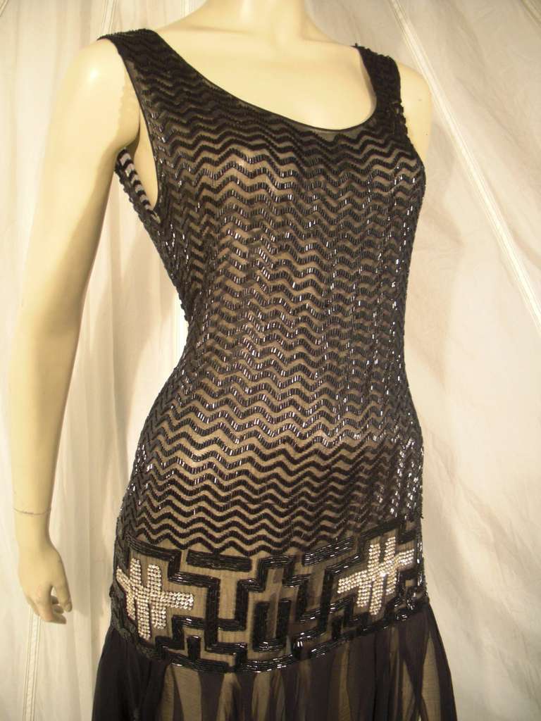 Exceptional 20's Beaded Flapper with Rhinestone Adornment in Silk Chiffon