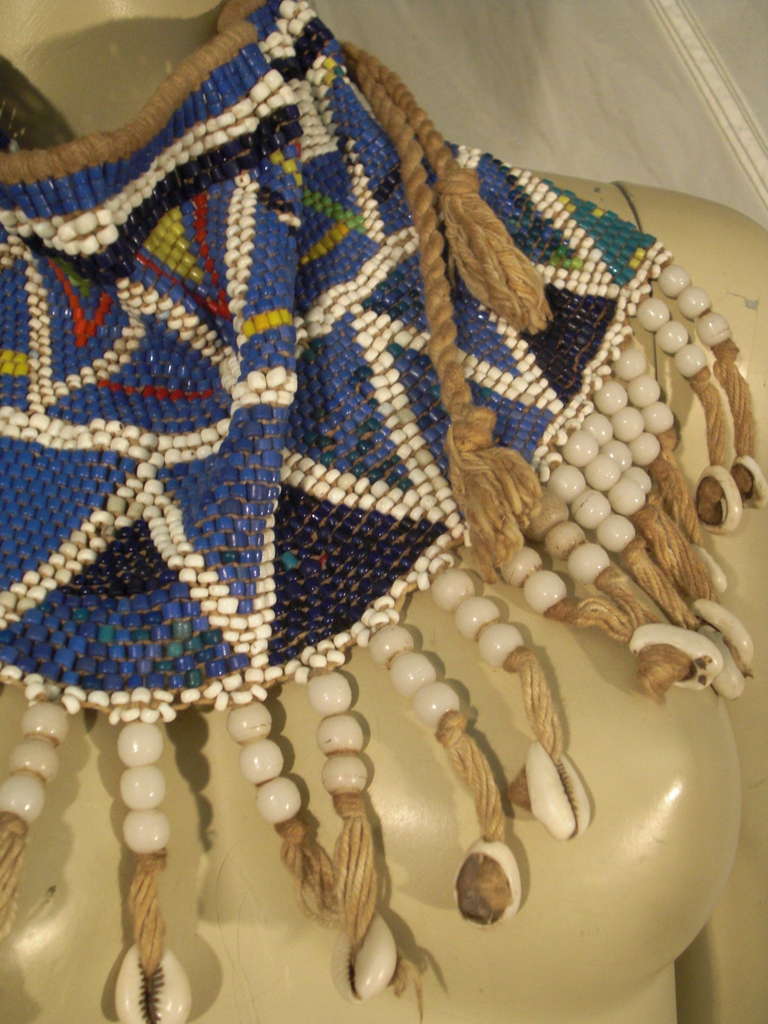 African Cowrie Shell and Glass Bead Bib with Jute String Tie