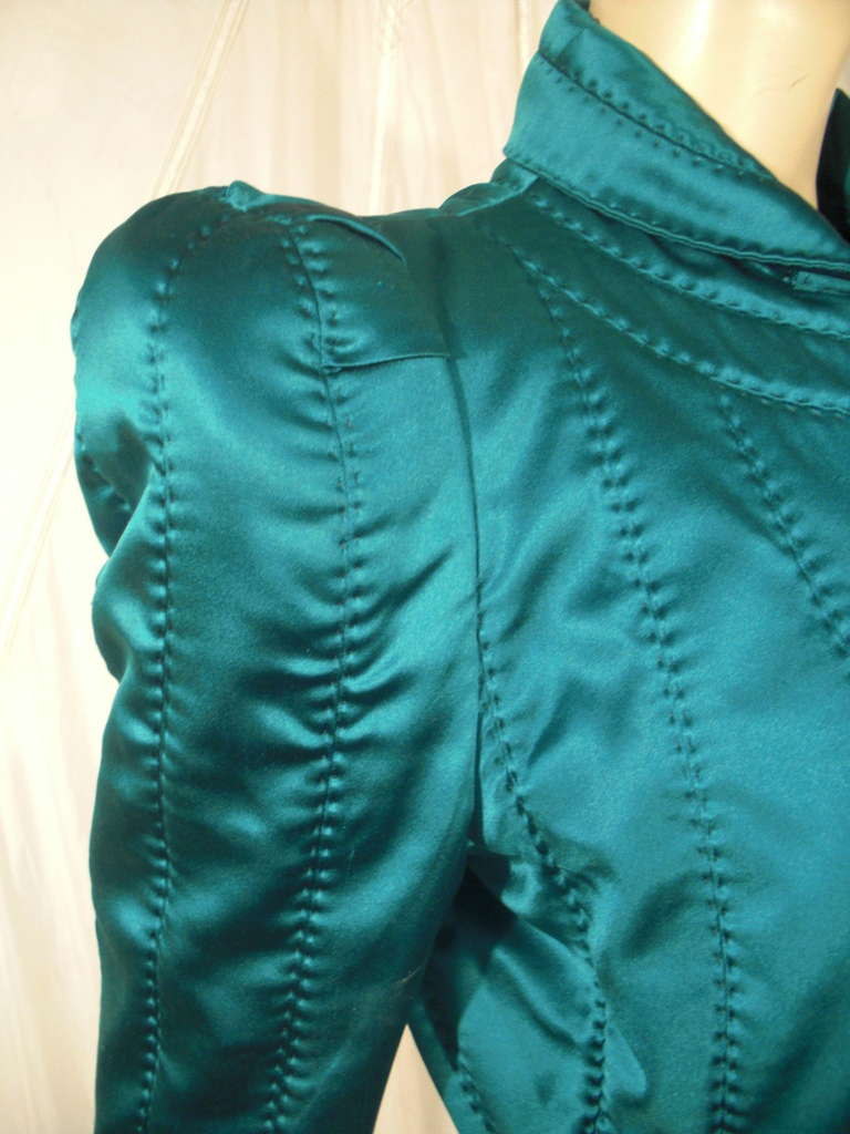 Yves Saint Laurent Teal Satin Quilted Jacket with Strong Shoulder Silhouette In Excellent Condition In Gresham, OR