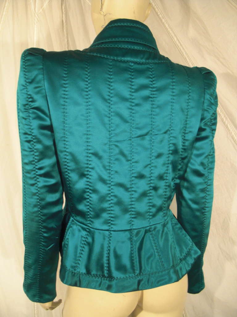 Women's Yves Saint Laurent Teal Satin Quilted Jacket with Strong Shoulder Silhouette