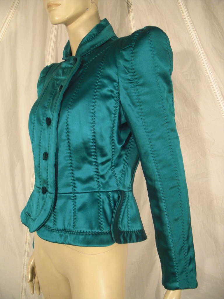 Yves Saint Laurent Teal Satin Quilted Jacket with Strong Shoulder Silhouette 1