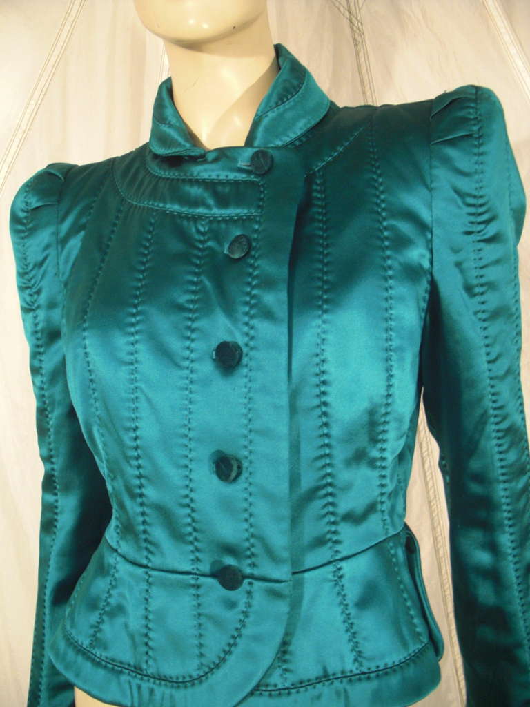 Yves Saint Laurent Teal Satin Quilted Jacket with Strong Shoulder Silhouette 2
