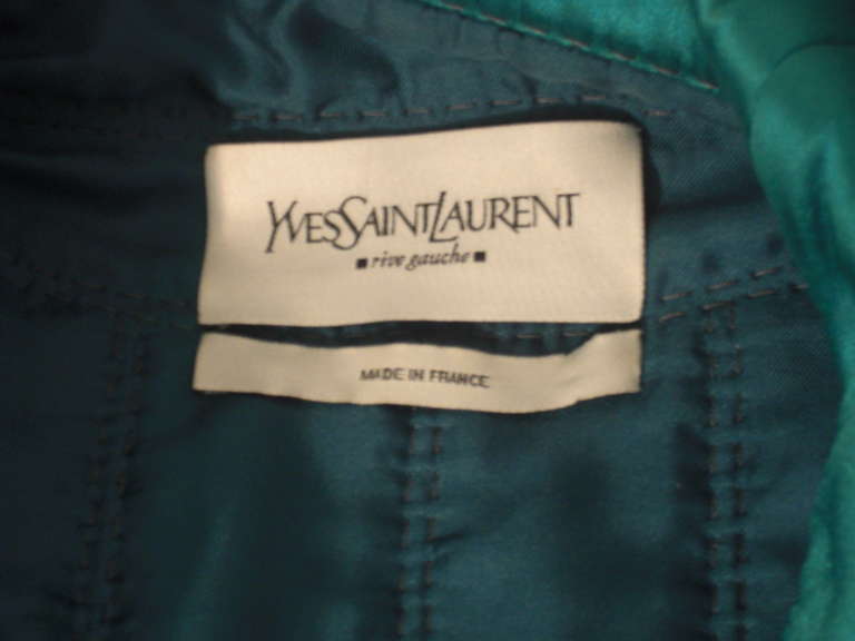 Yves Saint Laurent Teal Satin Quilted Jacket with Strong Shoulder Silhouette 3