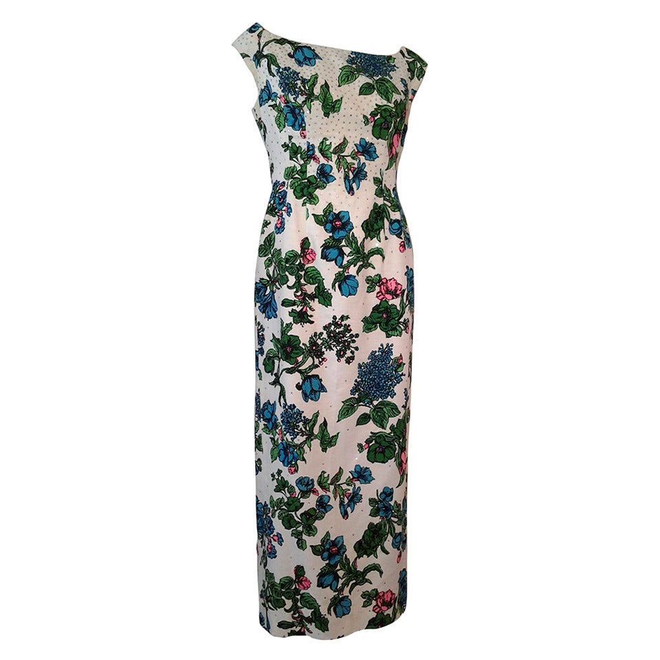 1960s Mr. Blackwell Floral Faille Gown with Rhinestones and Fishtail ...