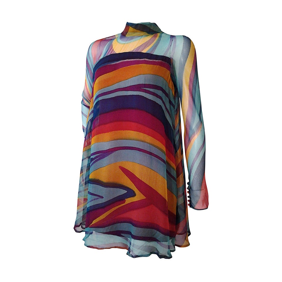 1960s Teal Traina Mod Psychedelic Silk Chiffon Mini Dress