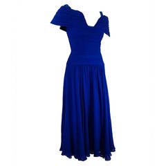 1980s Arnold Scaasi Cobalt Blue Silk Chiffon Gown w/ Gorgeous Décolletage