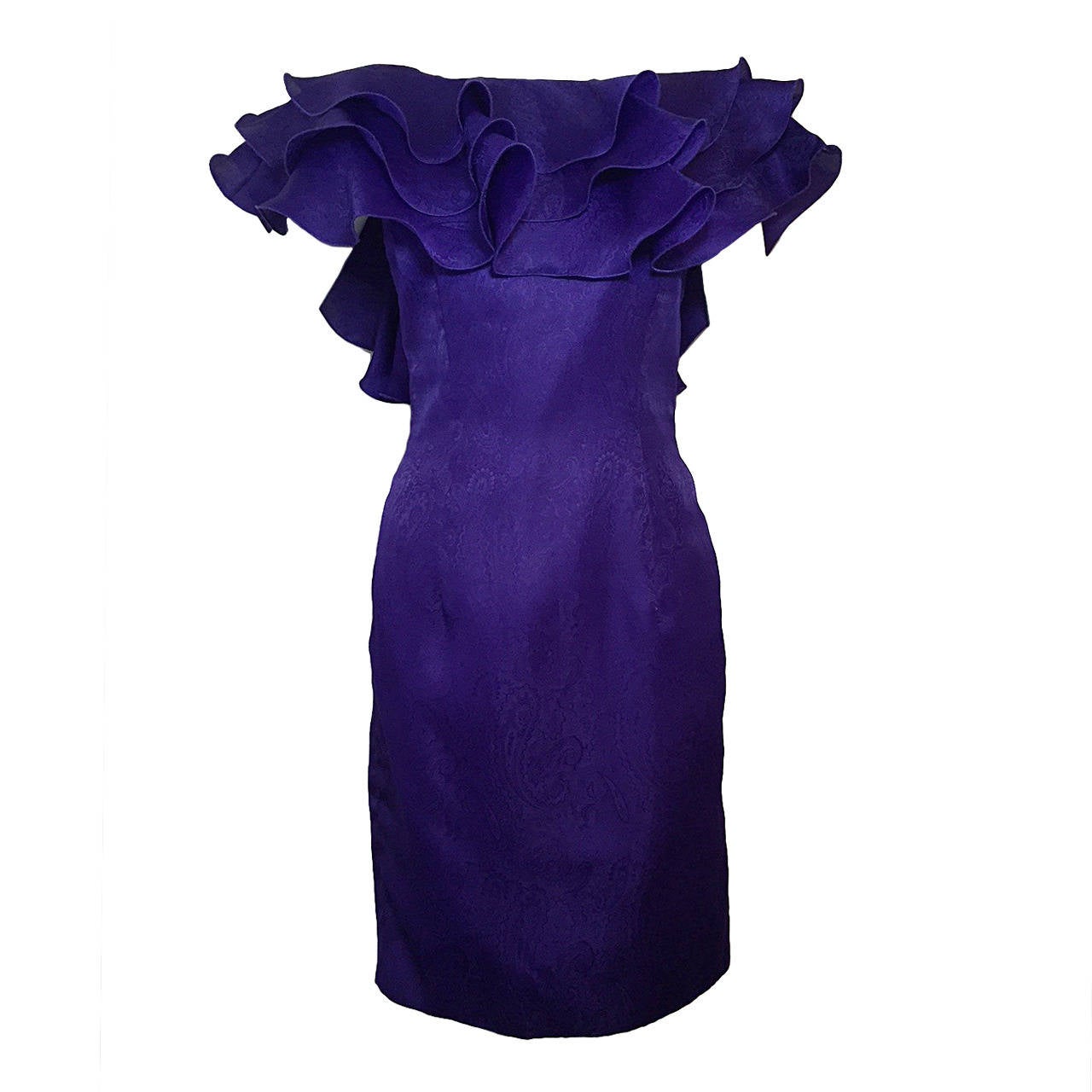 1980s Ungaro Royal Purple Silk Jacquard Cocktail Dress w/ Lush Ruffles