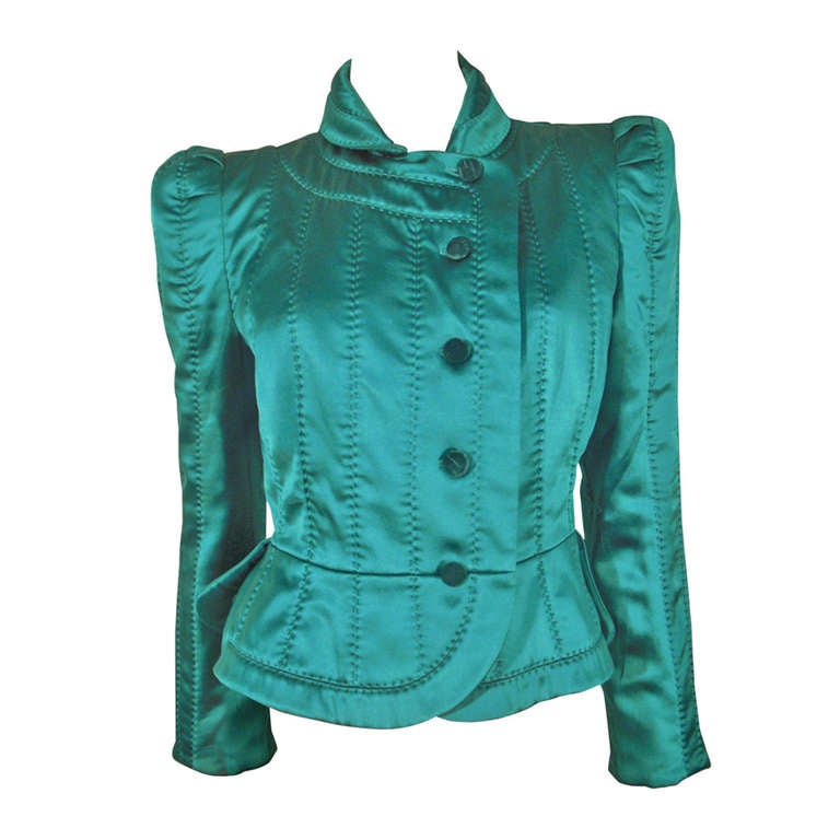 Yves Saint Laurent Teal Satin Quilted Jacket with Strong Shoulder Silhouette