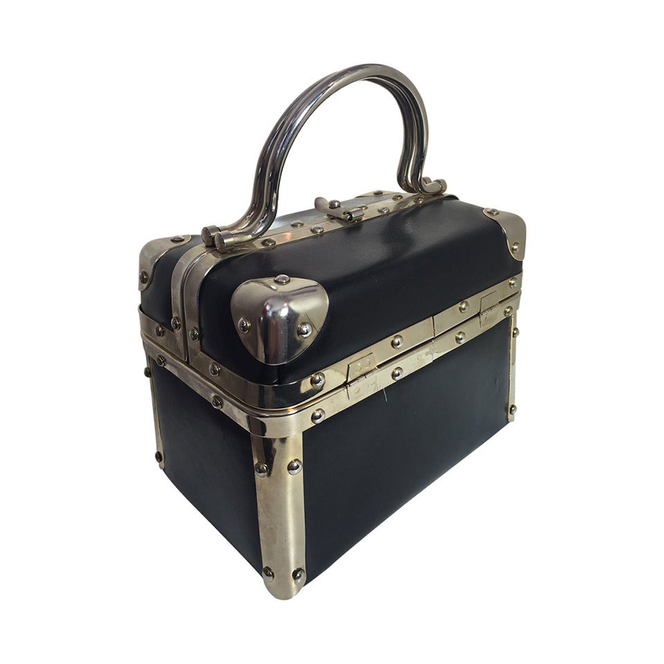 1960s Black Vinyl Suitcase-Style Box Bag with Chrome Hardware
