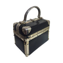 Vintage 1960s Black Vinyl Suitcase-Style Box Bag with Chrome Hardware