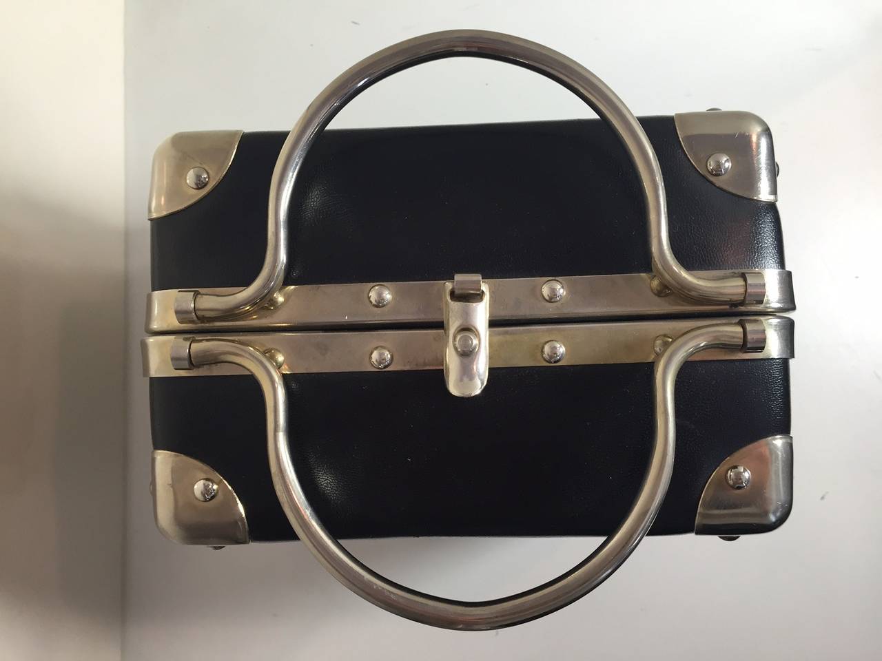 Women's or Men's 1960s Black Vinyl Suitcase-Style Box Bag with Chrome Hardware