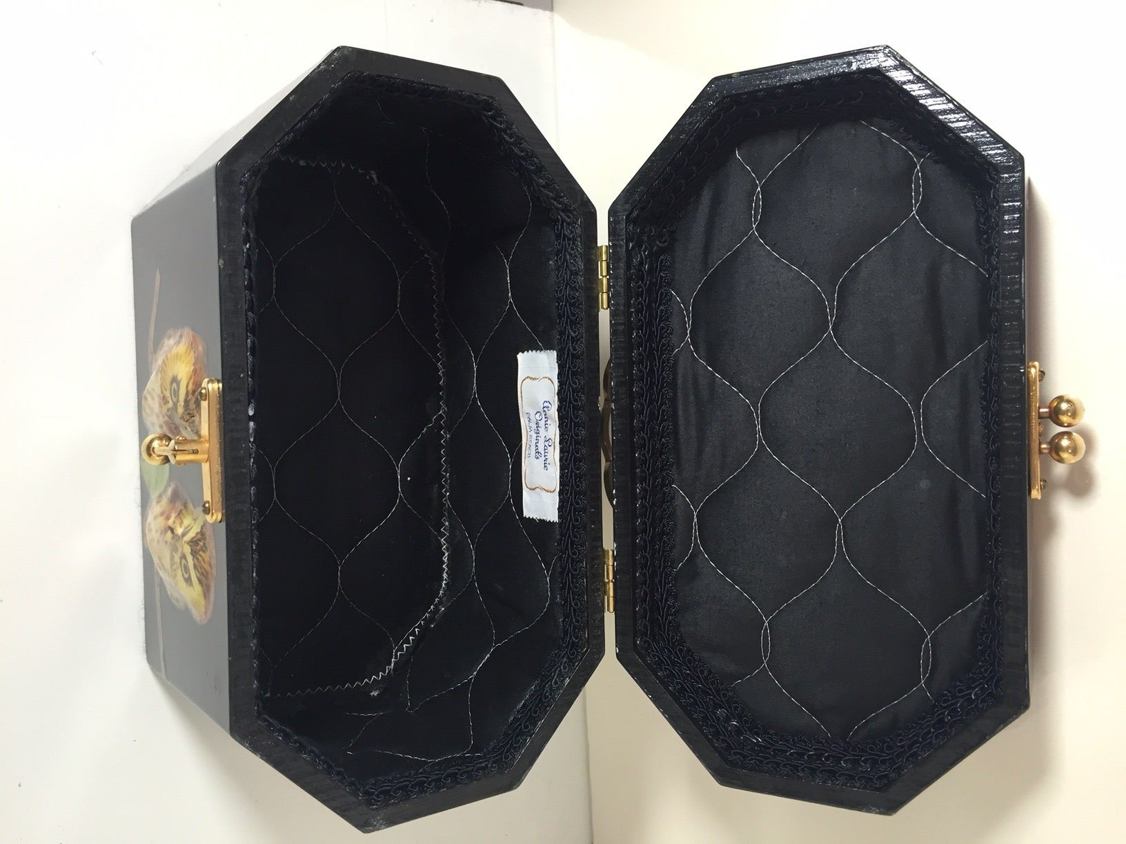 1960s Black Lacquered Wood Octagonal Box Bag w/ 3-D Owl Decoupage 4