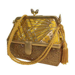 80s Judith Leiber Gold Box Bag with Oriental Fan Motif