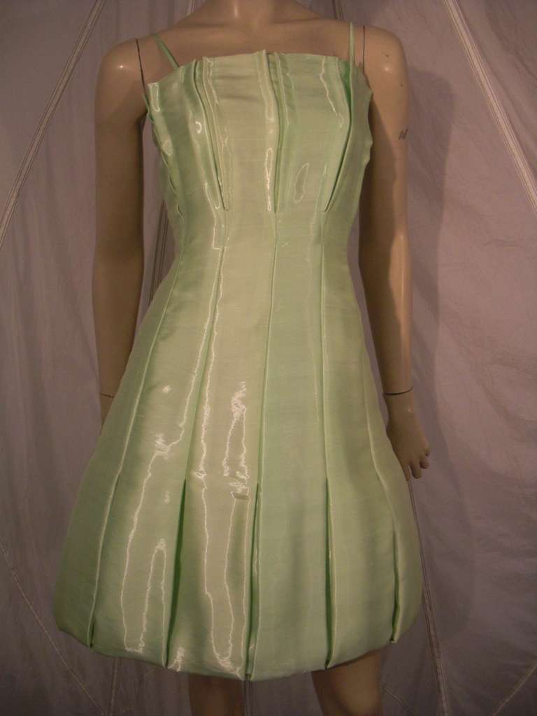 Thierry Mugler peridot inverted pleat bubble dress with optional tie shoulder straps. Not boned. Made of a shiny nylon/silk blend.
