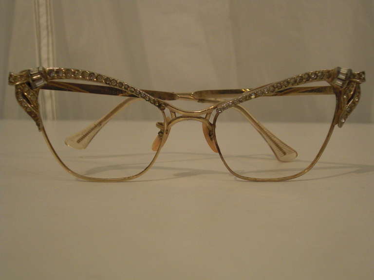 Women's Spectacular 1950s 12K Gold Filled Rhinestone Cat Eye Frames