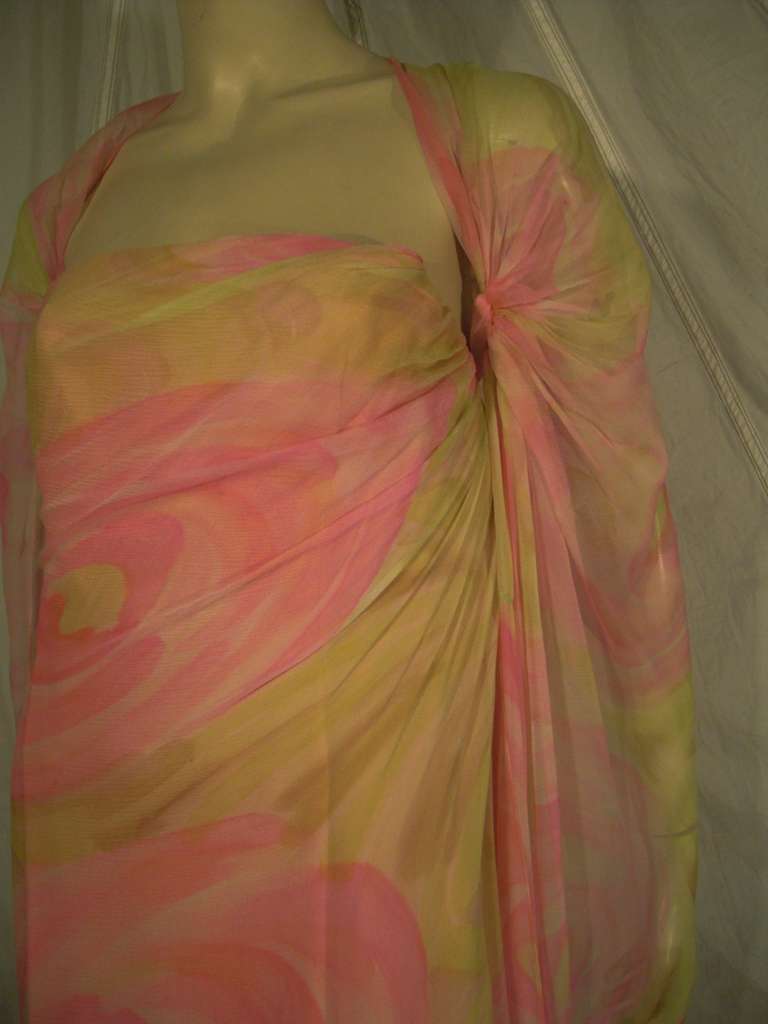 Helena Barbieri 60s Hand Painted Silk Chiffon Goddess Gown In Excellent Condition In Gresham, OR