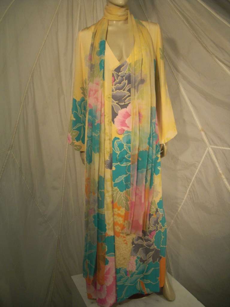 Hanae Mori 70s Couture Kimono Print Gown with Full Length Foulard at ...