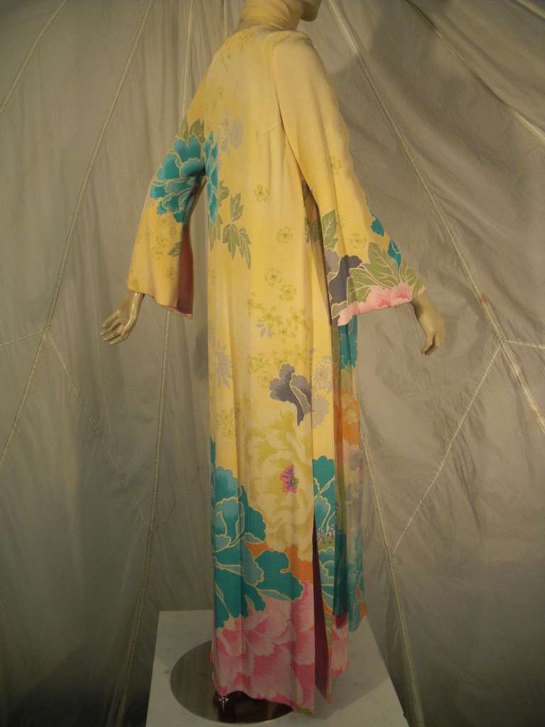 Brown Hanae Mori 70s Couture Kimono Print Gown with Full Length Foulard